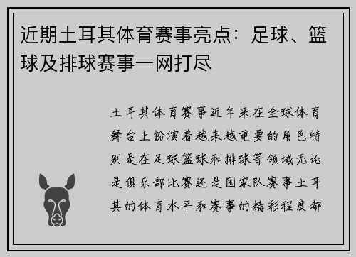 近期土耳其体育赛事亮点：足球、篮球及排球赛事一网打尽